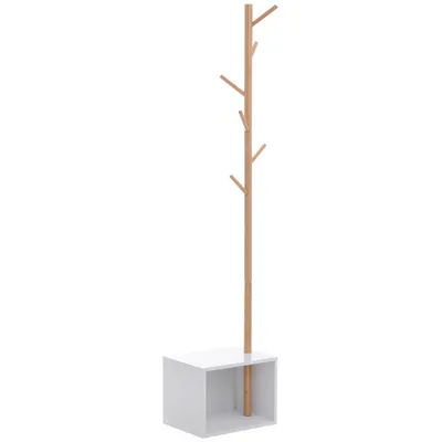 Image de HOMCOM Meuble rangement porte-manteaux 2 en 1 design contemporain cosy dim. 40L x 30l x 180H cm MDF blanc bois massif bambou