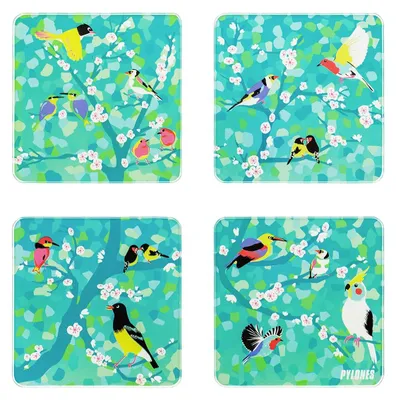 4er-Set Untersetzer aus Glas, Vögel-Motiv, 10 x 10 cm