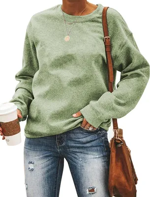 Produktbild von ASKSA Damen Pullover Rundhals Einfarbige Sweatshirt Herbst Winter Langarmshirt Casual Lose Oberteile, Gruen, L
