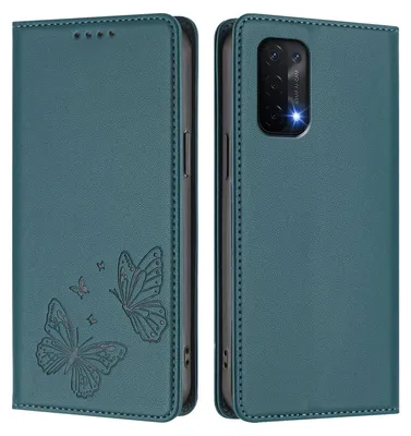 Produktbild von Lederhülle für Oppo A54 5G/Oppo A74 5G, Schmetterling Prägung Leder Brieftasche Schutzhülle mit Ständer Grün