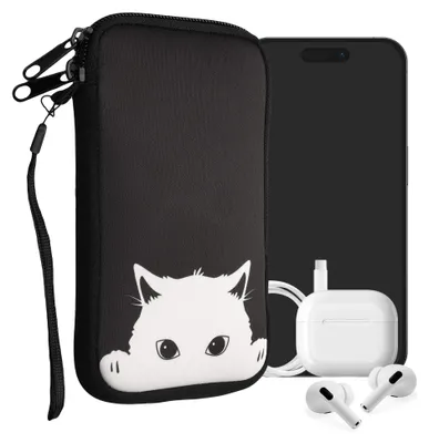 Produktbild von kwmobile Handytasche für Smartphones XXL - 7" - Neopren Handy Tasche Hülle Cover Case Schutzhülle - Neugierige Katze Schwarz Weiß - 17,7 x 8,5 cm