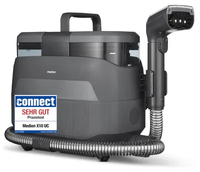 Produktbild von MEDION X10 UC Polsterreiniger Gerät Waschsauger (Nasssauger für Polster Teppiche Autositze, 1.650 Watt, Kaltwasser Heißwasser Dampf, Frisch und Schmutzwassertank, Fenster-Aufsatz, MD100123)