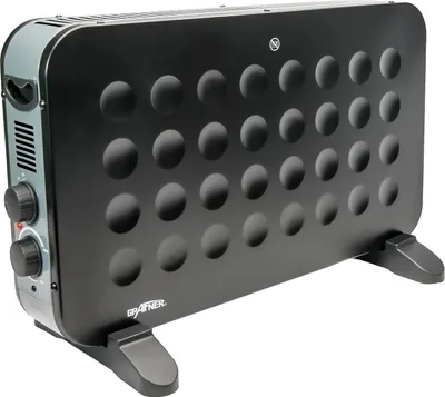 A black and gray electric heater with a patterned front and two black knobs on the side, placed on a white background.