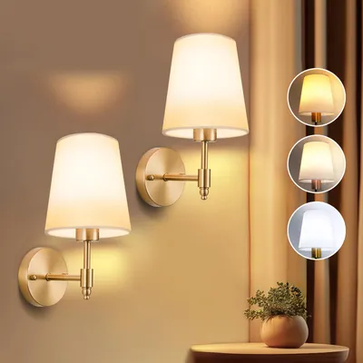 Immagine prodotto di set di 2 lampade da parete per interni lampada da parete oro, lampada da parete camera da letto soggiorno corridoio, E27 lampada da comodino parete illuminazione con paralume