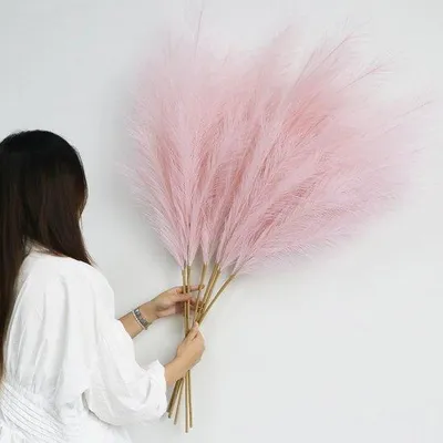 Immagine prodotto di Set decorativo di fiori in erba sintetica, 6 pezzi - Bouquet di fiori secchi da 113 cm per la casa, matrimoni e camere da letto (rosa chiaro)