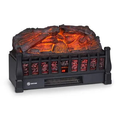 A product shot of an electric fireplace insert with glowing logs.