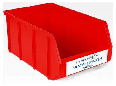 Produktbild von 8 Stapelboxen Größe L für Werkstatt, Garage und Keller, Sichtlagerboxen 335x209x152mm, rot