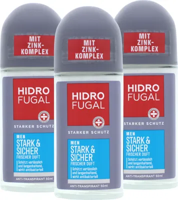 Produktbild von 3 x Hidrofugal Men Stark & Sicher Deo Roll-on je 50ml Antitranspirant Schutz & frischer Duft