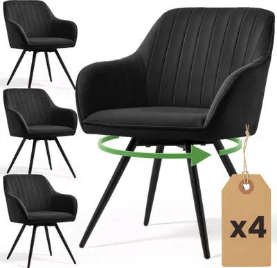 Produktbild von 4er Set Drehbare Veloursstühle mit Ziernähten TURNO Schwarz mit schwarzen Beinen