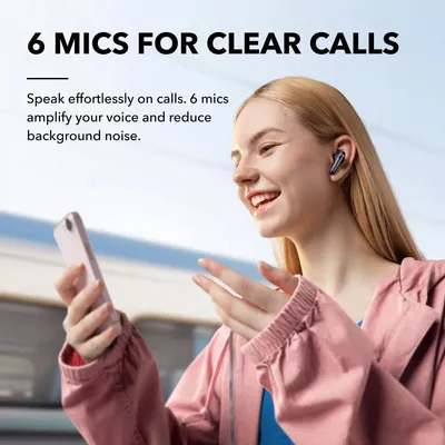 A woman is holding a smartphone and wearing earbuds, with text overlay describing the product's features.