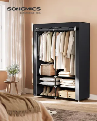 Produktbild von Stoff-Kleiderschrank - Faltschrank - 45x127x176 cm - 2 Kleiderstangen - 4 Seitentaschen - Ablagefächer - Schwarz