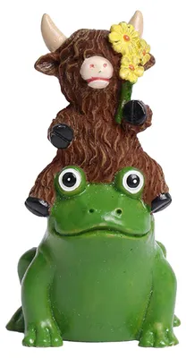 Produktbild von Gartenfigur eines Hochlandrindes aus Kunstharz: Hochlandrind auf Pilz/Schnecke/Frosch – Statue für Terrasse, Balkon, Rasen und Garten