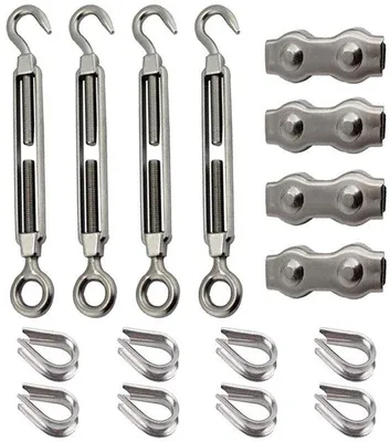Imagen del producto de Kit de cable de acero inoxidable: incluye tensores y abrazaderas, 16 piezas, cable de 3 mm