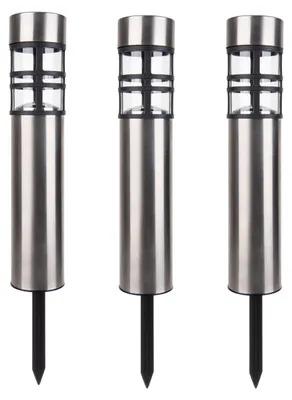 Produktbild von 3er-Set Solar-/Dekoerdspieß "BOBBY" H: 42cm, Lampe für den Außenbereich im Modern-Style, aus Metall und Kunststoff in stahl-blank, 42 cm hoch, Ø 6,2 cm, LED Platine – mit Schiebeschalter – Dämmerungssensor