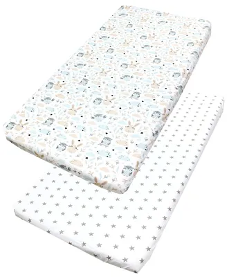 Produktbild von TupTam Baby Spannbettlaken Kinder Spannbetttuch für Babybett Kinderbett 2er Pack, Farbe: Eule Hase Beige / Graue Sterne Weiß, Größe: 60 x 120 cm