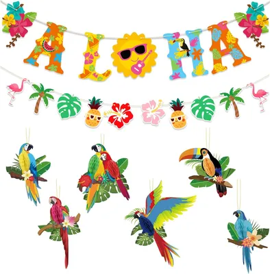 Image de Ensemble de décorations pour oiseaux (6 pièces), 2 guirlandes hawaïennes, décorations tropicales pour fêtes