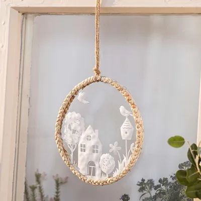 Produktbild von Hänger Haus mit Garten, Metall, matt-Weiß, Seegras, Jute Maße: Ø 18 cm