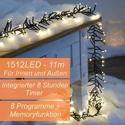 Produktbild von 1512 LED Clusterlichterkette 11m warmweiß mit Timer und 8 Programmen für innen und außen