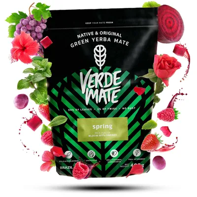 Produktbild von Verde Mate - Mate Tee Spring 400g - Dicke Blätter 5mm, Luftgetrocknet - Fruchtige Himbeere & Apfel - Mild - Rauchfrei - Yerba Mate Brasilien