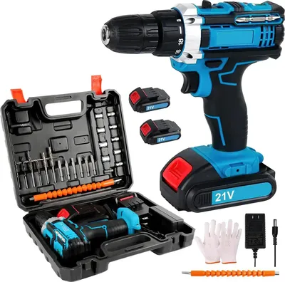 Immagine prodotto di Set di avvitatore a batteria - 21V - Mandrino autoserrante da 1 cm - 45 Nm - 2 velocità - 25+3 livelli di coppia - Luce LED e accessori da 23 pezzi - Blu