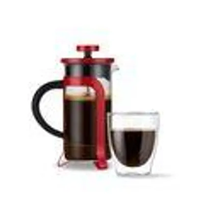 Produktbild von Tchibo Siebstempelkanne für manuelle Kaffeezubereitung, French Press aus hitzebeständigem Borosilikatglas, spülmaschinengeeignet, 300ml Fassungsvermögen für ca. 2 Tassen, Edelstahl, Rot
