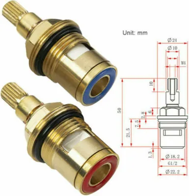 Two brass faucet valve cartridges with a technical drawing showing dimensions.