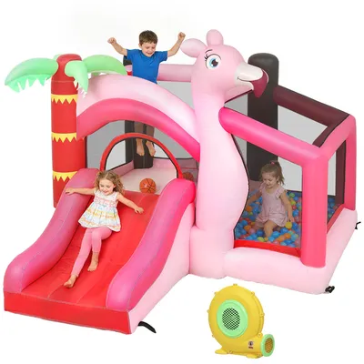Produktbild von Aufblasbare Hüpfburg für Kinder - Outdoor Spielschloss - Mit Gebläse - Rutsche - Trampolin - Bällebad - Basketballkorb - 255×230×196 cm - Rosa