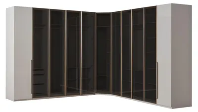 Immagine prodotto di Armadio ad angolo bianco e nero, stile moderno, frontali in vetro, ante in legno e vetro, nuovo