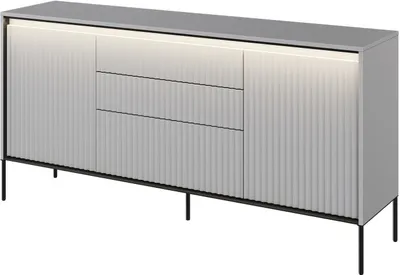 Produktbild von Kommode TREND TR-01 mit 3 Schubladen 2 Türen LED-Beleuchtung Sideboard 166 cm Mehrzweckschrank Anrichte Highboard Push-to-Open Modern Geriffelt (Grau)