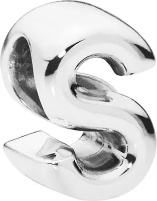 A close-up, studio shot of a silver letter S charm.