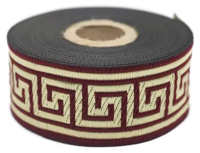 Jacquardband Bordeaux-Gold, 11 Yard, 35 mm, griechisches Schlüsselmuster