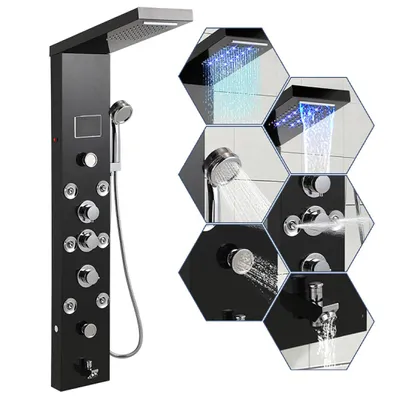 Produktbild von Izrielar Duschpaneel für Badezimmer mit 6 Hydromassage Jets, multifunktionale Duschsäule mit großen Massagedüsen, Regendusche & Handbrause, Schwarz