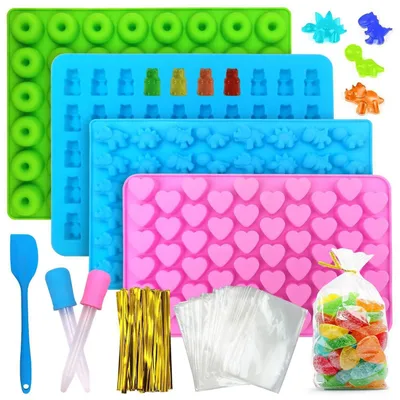 Produktbild von Silikonform Set 4 Stück Gummibärchen & Bonbon Formen mit 2 Pipetten, Antihaft, für Süßigkeiten, Gelee, Schokolade