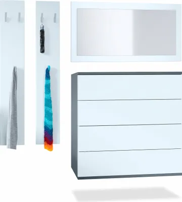 Produktbild von Vladon Garderoben-Set Horizon, bestehend aus 1 Kommode mit 4 Schubkästen, 1 Spiegel und 1 Wandpaneel Set, Anthrazit matt/Weiß matt