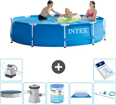 Produktbild von Intex-Schwimmbecken mit rundem Rahmen – 305 x 76 cm – Blau – im Lieferumfang enthalten Abdeckung - Filterpumpe für Schwimmbad - Filter - Bodenplane - Reinigungskit - Salzwassersystem