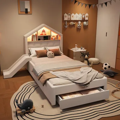 Produktbild von okwish Kinder-Hausbett 90×200 mit Rutsche,LED und Ladeanschluss,Einzelbett mit Kopfteil-Regal und Schubladen,Beige, ohne Matratze
