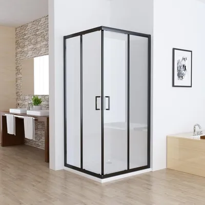 Produktbild von MIQU Duschkabine Eckeinstieg 90x90x185 cm  Duschwand mit Doppel Schiebetür Schwarz Rollen, 6mm ESG Sicherheitsglas, Schiebetüren Glas komplett Dusche