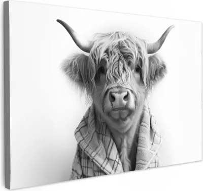 Produktbild von MuchoWow® - Leinwandbilder - Schottischer Highlander - Kuh - Bademantel - Schwarz und weiß, Wandbild, Wanddeko Bilder Wohnzimmer, 90x60 cm