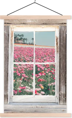 Produktbild von MuchoWow® Textilposter Aussicht - Feld - Blumen 40x60 cm mit holzfarbenen Rahmen - Poster