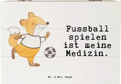 Produktbild von Mr. & Mrs. Panda Holzkiste Fuchs Fußball spielen 22 x 15 cm - Weiß - Geschenk, Fußballerin, Bolzplatz, Fußballer, Soccer, Kiste mit Deckel, Aufbewahrungsbox Holz, Box