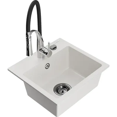 Obrázek produktu pro Mexen Milo 1-miskový granitový dřez s kuchyňskou baterií Aster, Bílá - 6505-20-73450-07-B