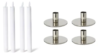 Produktbild von Novaliv 4er-Set Stabkerzenhalter SILBER 10x5cm Weihnachtsdekoration mit Echtwachskerze LED Stabkerze elektrisch Flackereffekt candle holder Metall Adventskranz Weihnachten scandic chic Tafelkerzen