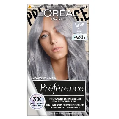 A box of L'Oreal Preference hair dye with a model showing the hair color.