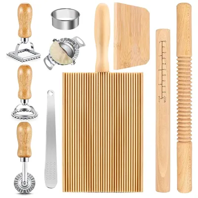Produktbild von Teigwerkzeug Set 10-teilig Nudelholz Gnocchi Brett Teigschaber Ravioli Formen Holz Metall Für Pasta & Keksteig