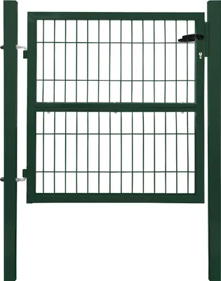 A green metal garden gate with a latch, mounted on posts.