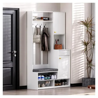 Produktbild von Flurgarderobe Set mit Sitzbank – Kompaktgarderobe mit 4 Haken, Schubladen, Türen und Kippsicherung – Garderobenset Weiß, 100×180×35 cm (B×H×T)