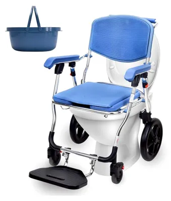 Produktbild von Duschstuhl Toilettenstuhl mit Rollen für Senioren, klappbarer Duschstuhl, fahrbarer Toilettenstuhl mit Urineimer, Toilettenstühle für ältere und behinderte Personen