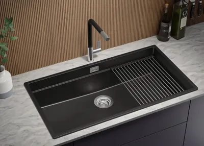 Produktbild von PRIMAGRAN Spülbecken Schwarz 86x47cm, Granitspüle 1 Becken + Ablauf-Set + Aufrollbare Abtropffläche, Küchenspüle ab 90er Unterschrank - Praga Slim
