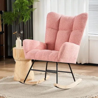 Image de OKWISH Fauteuil à Bascule Moderne - Rocking-Chair Rose avec Haut Dossier et Accoudoirs, Fauteuil Relax Confortable