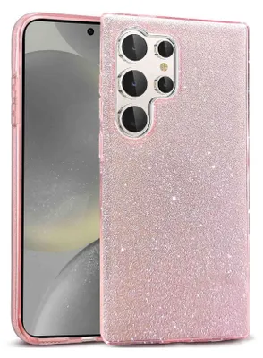 A close-up of a rose gold glitter phone case for a Samsung Galaxy S25 Ultra.